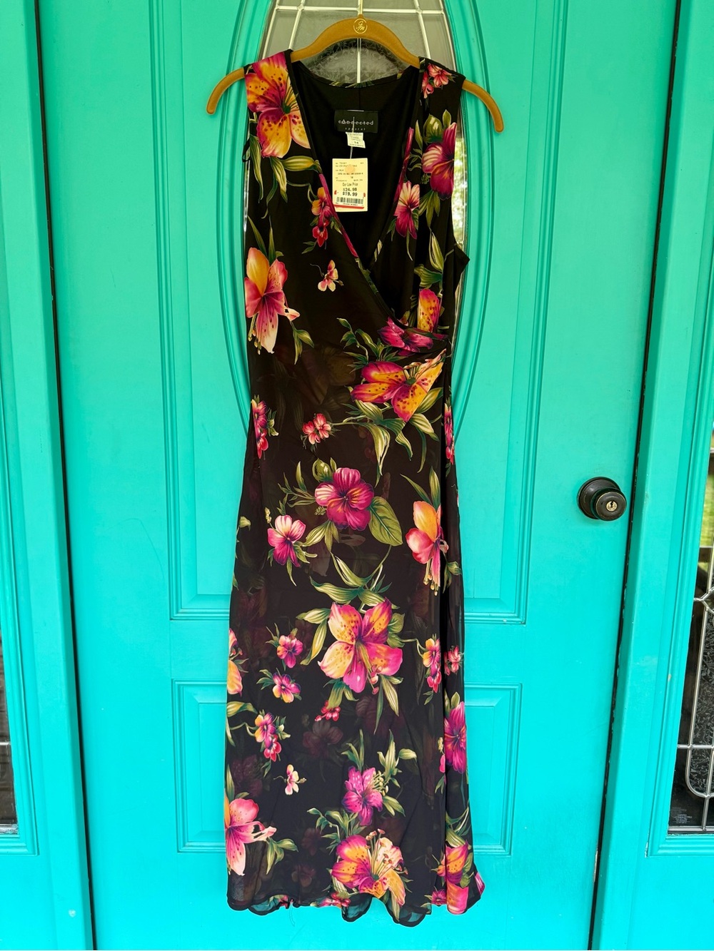 Vintage NWT Plus Size Floral Wrap Maxi Dress - Black with Pink & Yellow Blooms